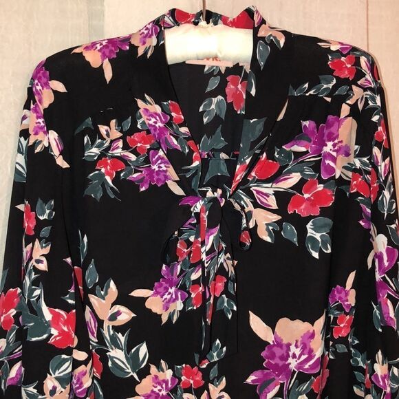 EVRI 2X Black Fuchsia Pink Green Wt Floral Neck Tie Long Sleeve Pullover Blouse - Picture 5 of 14
